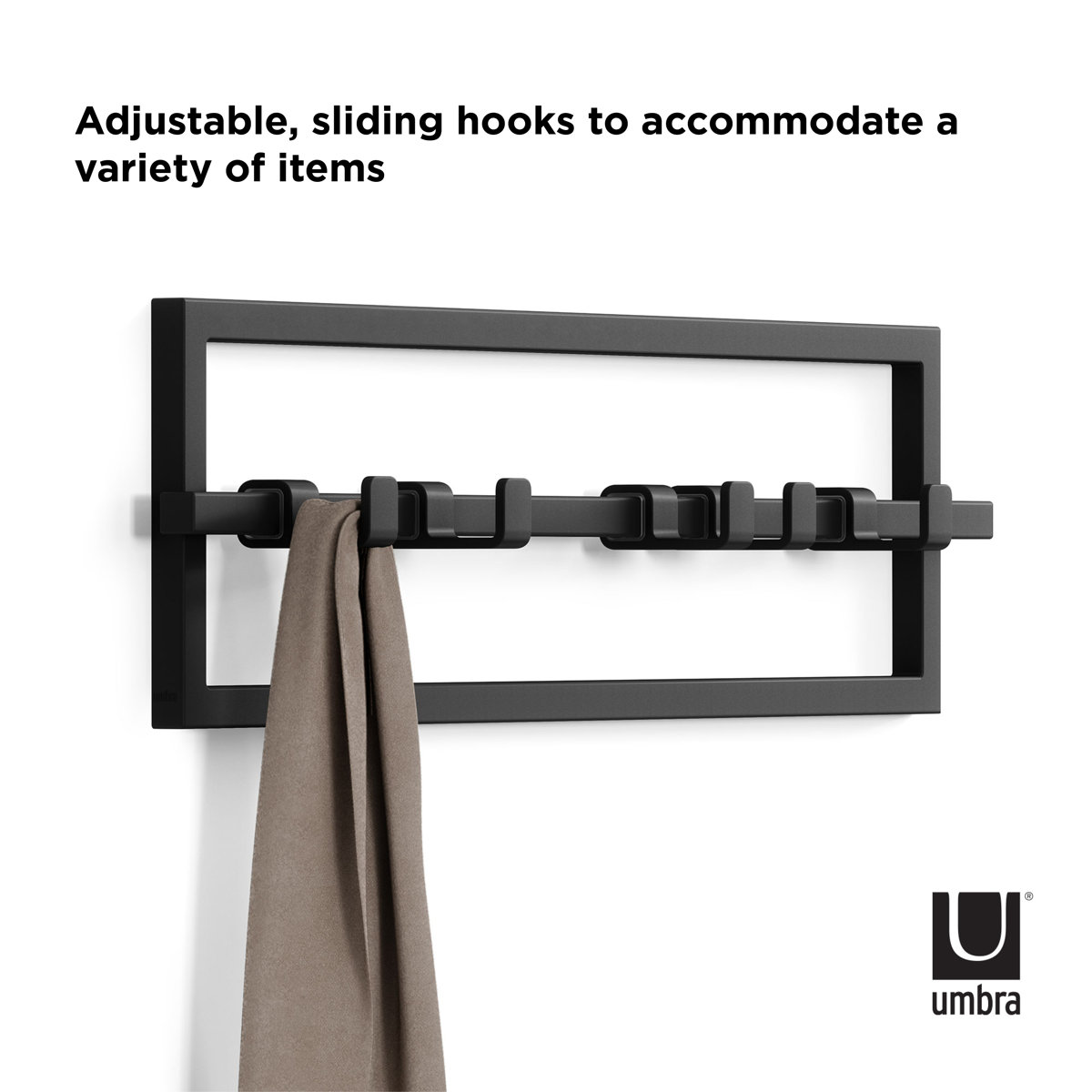 Umbra Cubiko Wall-Mounted Steel Coat Rack with 5 Adjustable Hooks, Black